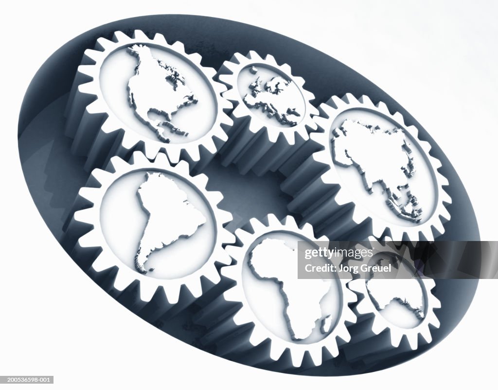 Continents on cogwheels, (digitally generated)