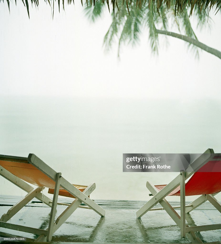 Deckchairs in rain, rear view