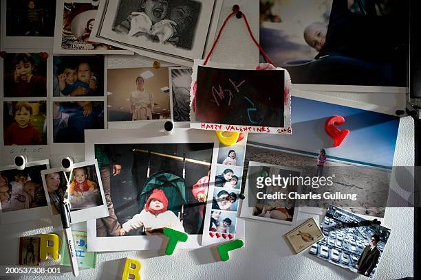 photographs of parents and children (11 months-2) on refrigerator - refrigerator stock pictures, royalty-free photos & images