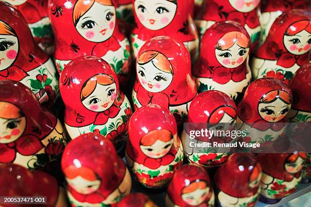 matryoshka dolls on display, elevated view, close-up - visage close up stock pictures, royalty-free photos & images