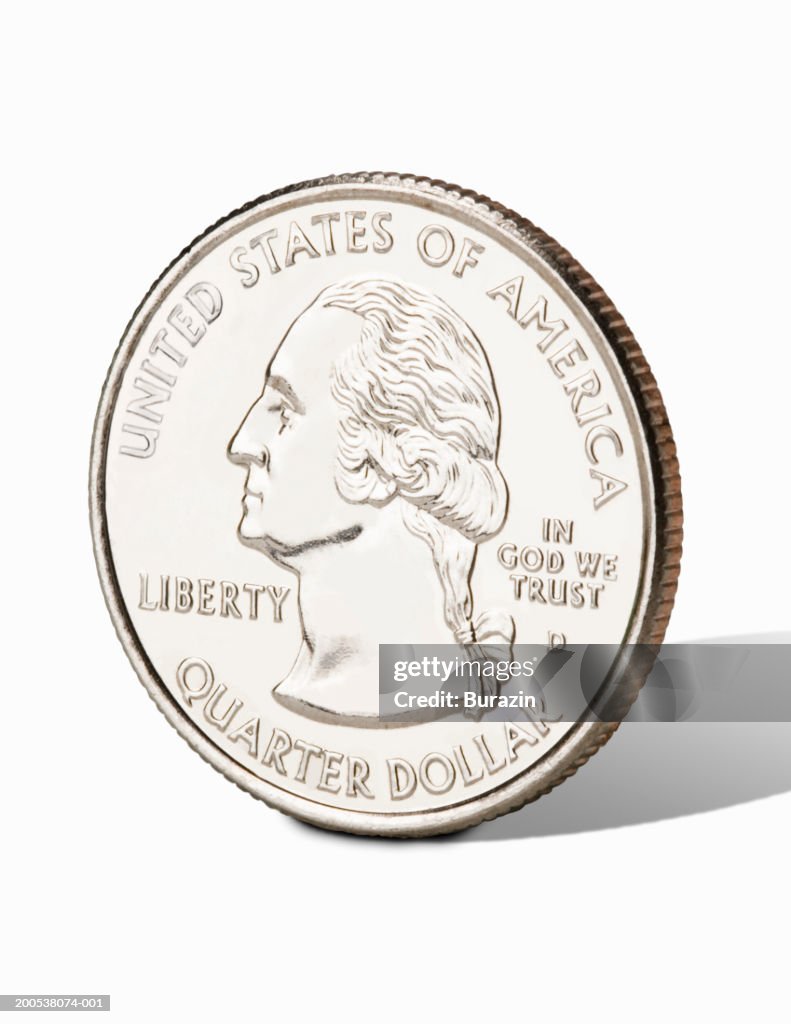 US quarter, against white background, close-up