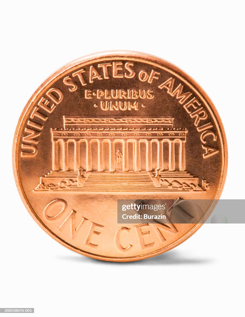 US penny, against white background, close-up