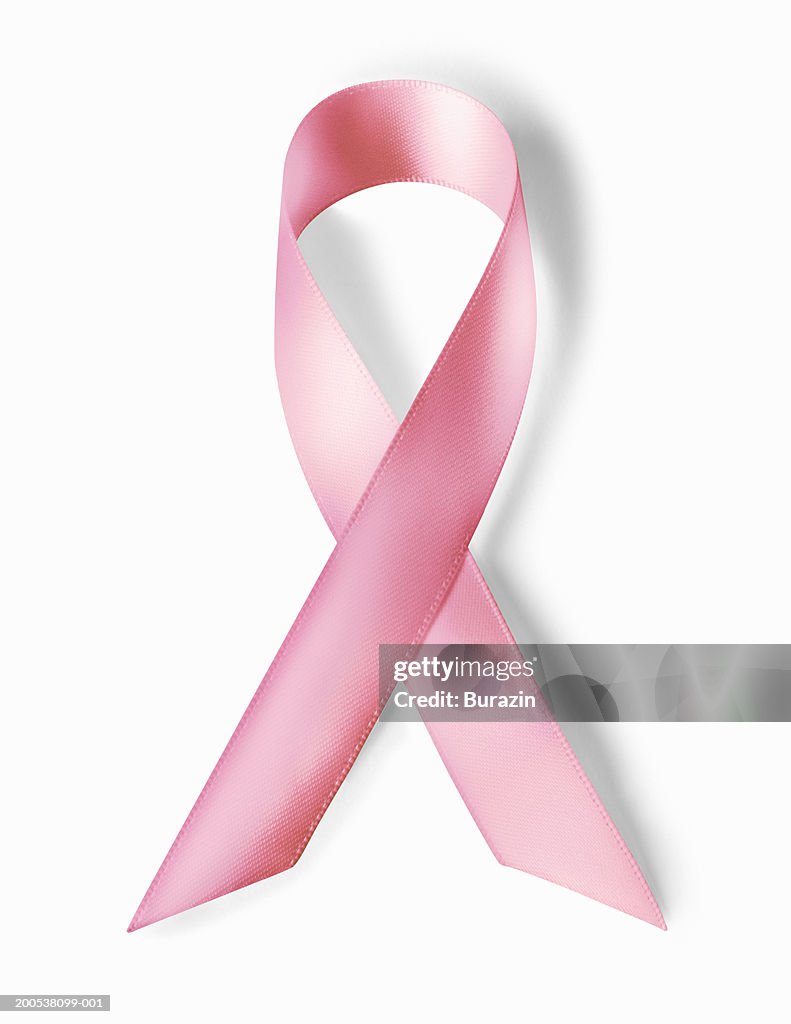 Pink ribbon, against white background, close-up