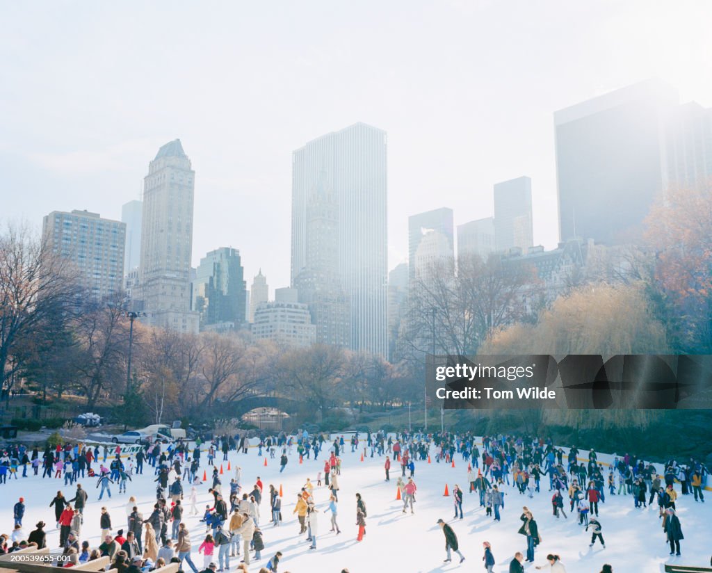 USA, New York, Central Park, people on ice skating rink, elevated view