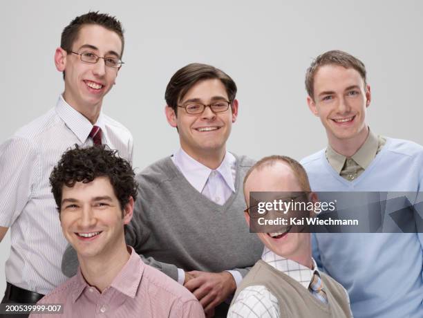 group of businessmen laughing - nerd stockfoto's en -beelden