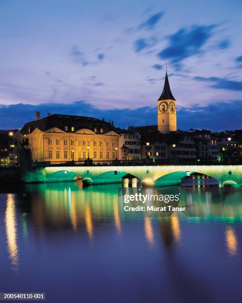 Switzerland Zurich Munster Bridge Across River Limmat Dusk High