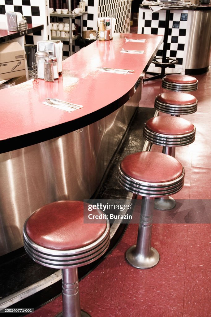 Stools and counter in diner, elevated view