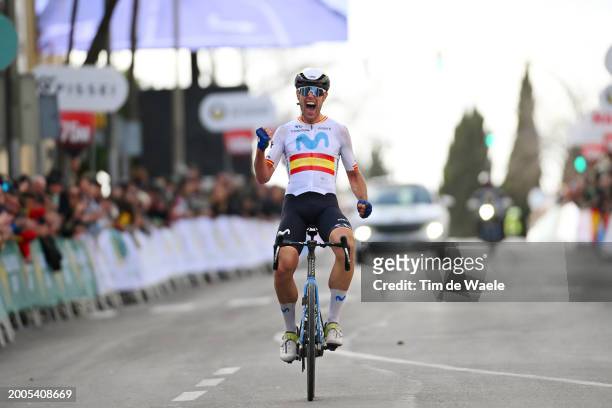 Oier Lazkano Lopez of Spain and Movistar Team celebrates at finish line as race winner during the 3rd Clasica Jaen Paraiso Interior 2024 a 158.3km...