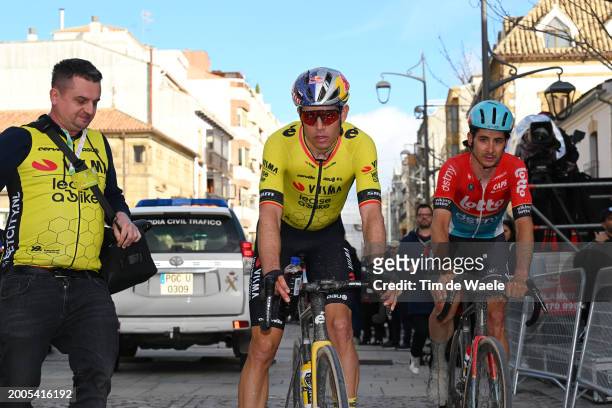 Wout Van Aert of Belgium and Team Visma | Lease a Bike and Cedric Beullens of Belgium and Team Lotto Dstny react after the 3rd Clasica Jaen Paraiso...