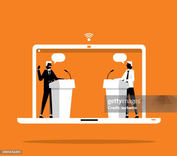 web conference - businessmen - debate stage stock illustrations
