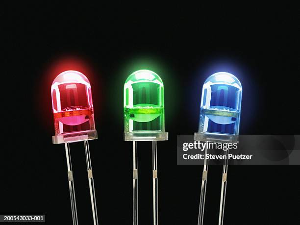 light emitting diodes (led) in red, green and blue - red light bulb stock pictures, royalty-free photos & images