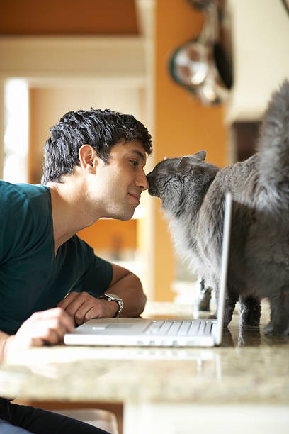 Young man with laptop and cat nose to nose, side view