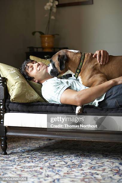 young man and dog lying on sofa, dog licking man's face - dog licking face stock-fotos und bilder