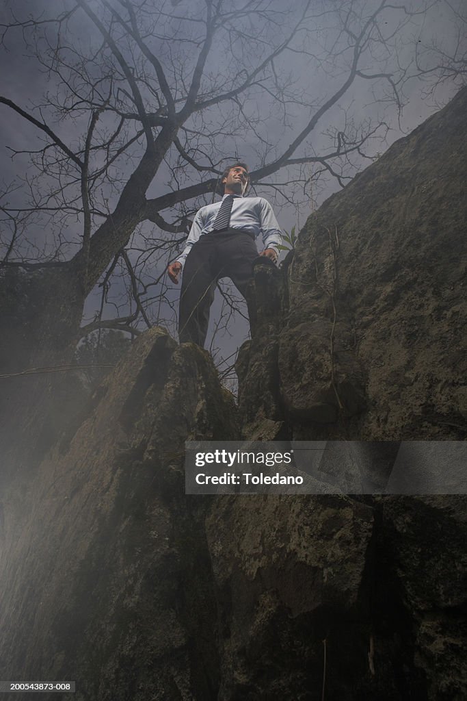 Businessman straddling barren rocks, low angle view