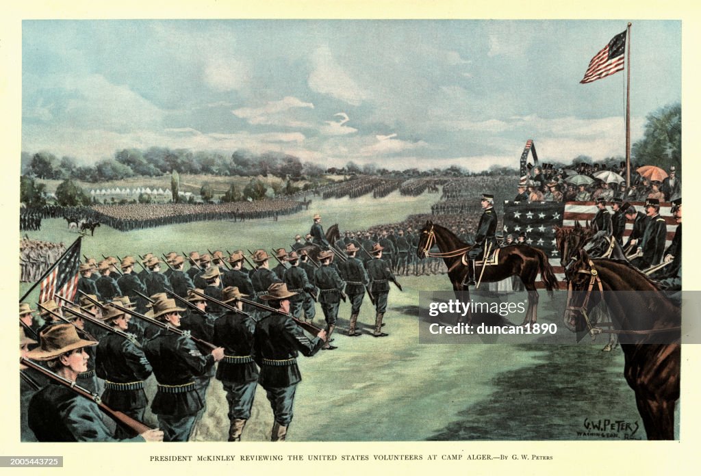 Military history, Soldiers marching, President McKinley reviewing the United States Volunteers at Camp Alger, Spanish–American War, 1890s 19th Century