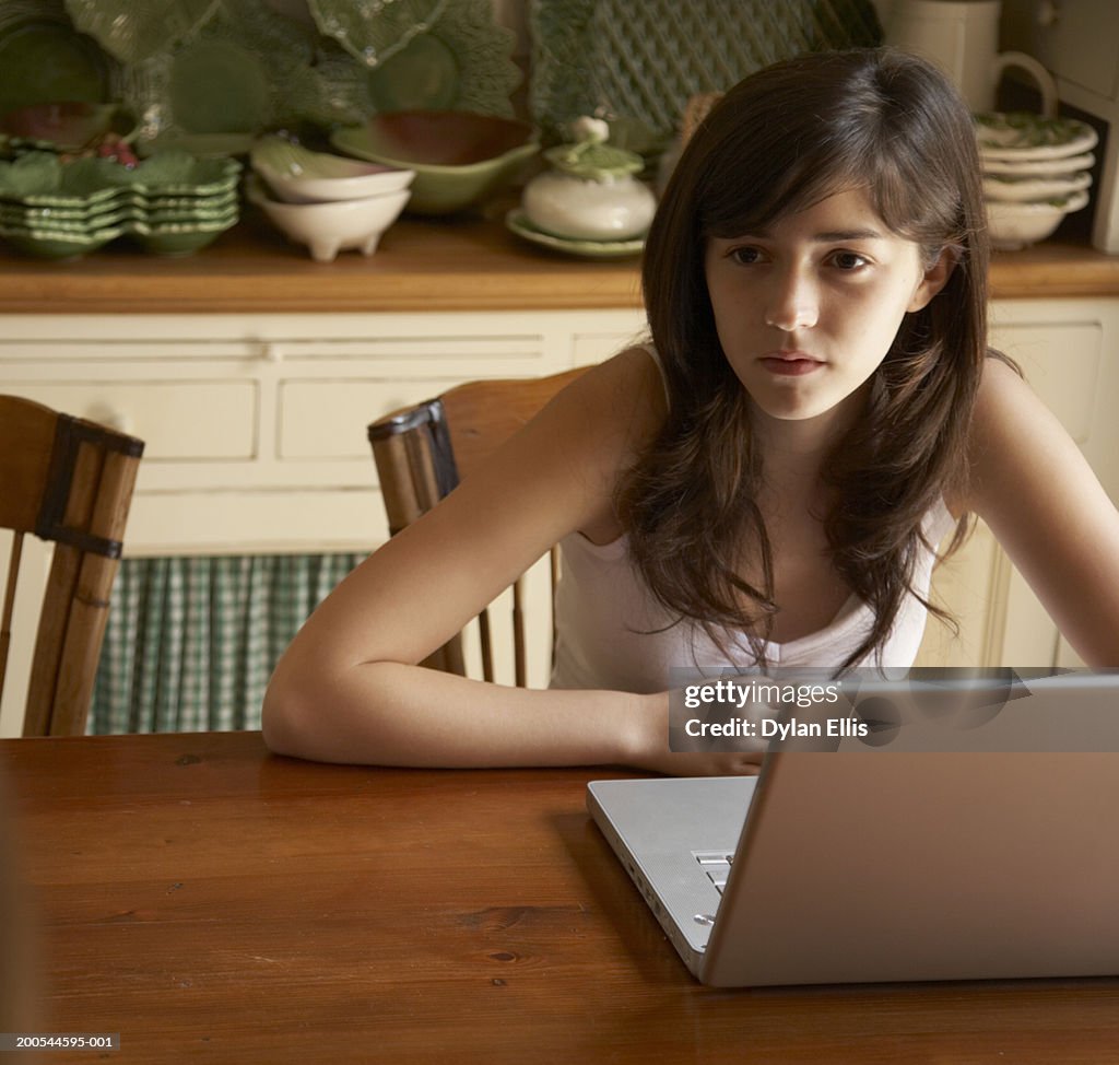 Teenage girl (16-18) sitting at table using laptop