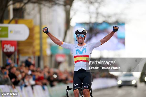 Oier Lazkano Lopez of Spain and Movistar Team celebrates at finish line as race winner during the 3rd Clasica Jaen Paraiso Interior 2024 a 158.3km...