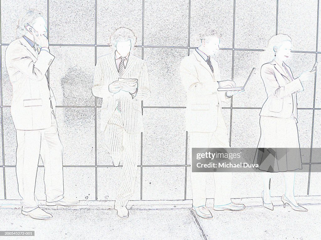 Four businesspeople using mobile phones, laptop and palm top by wall