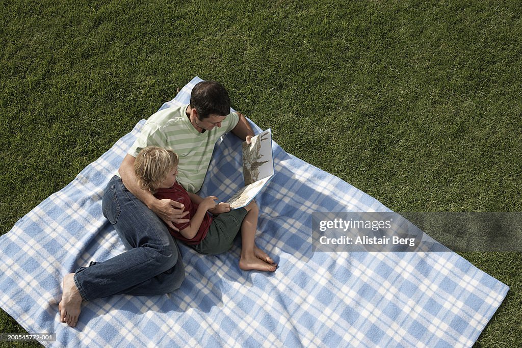 Father and son (6-8) with book on picnic blanket