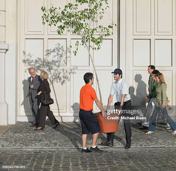 two man carrying plant in street, people walking in background - carrying pot plant stock pictures, royalty-free photos & images