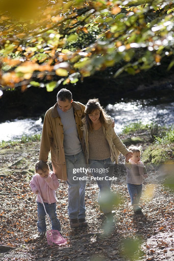 Parents with children walking through woodland in autumn, elevated view