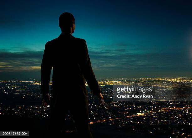 man looking over cityscape at night, rear view - see the bigger picture stock pictures, royalty-free photos & images