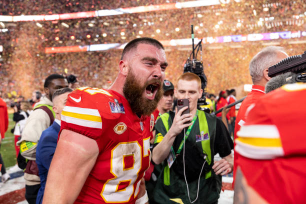 Travis Kelce of the Kansas City Chiefs reacts following the NFL Super Bowl 58 football game between the San Francisco 49ers and the Kansas City...