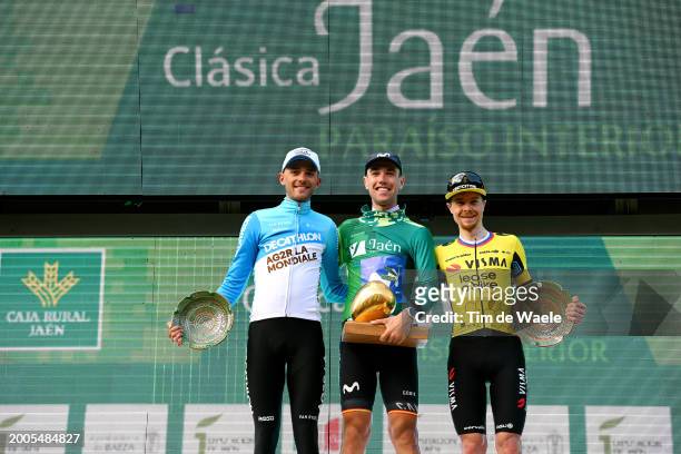 Bastien Tronchon of France and Decathlon Ag2R La Mondiale Team on second place, race winner Oier Lazkano Lopez of Spain and Movistar Team with the...