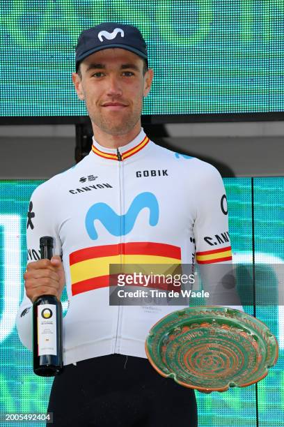 Oier Lazkano Lopez of Spain and Movistar Team celebrates at podium as race winner and best team prize during the 3rd Clasica Jaen Paraiso Interior...