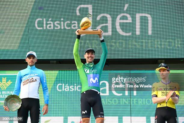 Bastien Tronchon of France and Decathlon Ag2R La Mondiale Team on second place, race winner Oier Lazkano Lopez of Spain and Movistar Team with the...