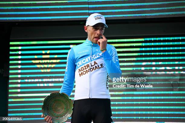 Bastien Tronchon of France and Decathlon Ag2R La Mondiale Team celebrates at podium as second place winner during the 3rd Clasica Jaen Paraiso...