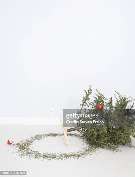 christmas tree on floor beside broken ornament and loose pine needles - broken christmas bauble stock pictures, royalty-free photos & images