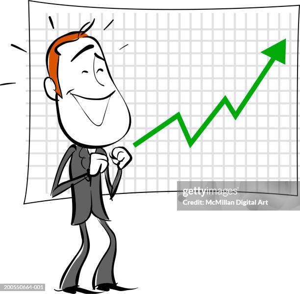 businessman standing beside line graph, cheering - ginger man stock illustrations