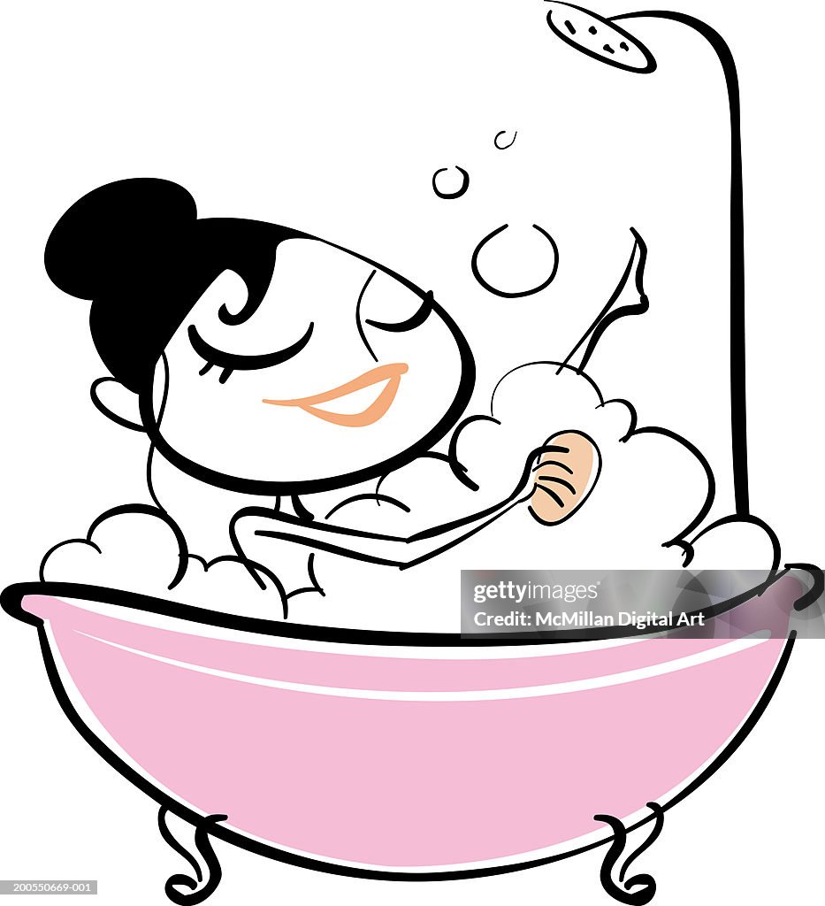 Woman soaking in bubble bath, side view