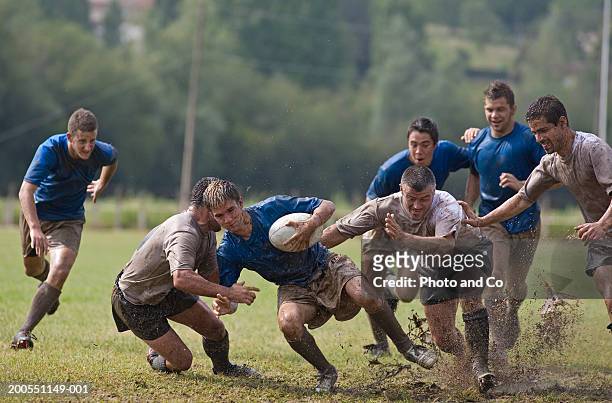 rugby players covered with mud, tackling opponent - rugby sport foto e immagini stock