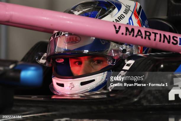 Victor Martins of France and ART Grand Prix prepares to drive in the garage during day two of Formula 2 Testing at Bahrain International Circuit on...