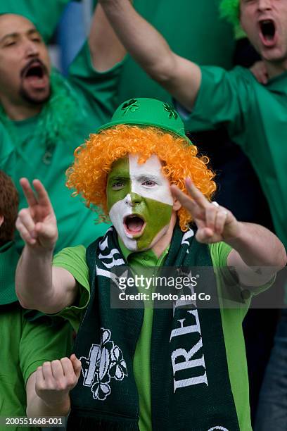 rugby fan wearing wig with ireland flag painted on face, cheering - republic of ireland flag stock pictures, royalty-free photos & images