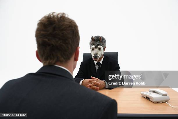 businessman wearing donkey mask conducting interview - interview funny stock pictures, royalty-free photos & images