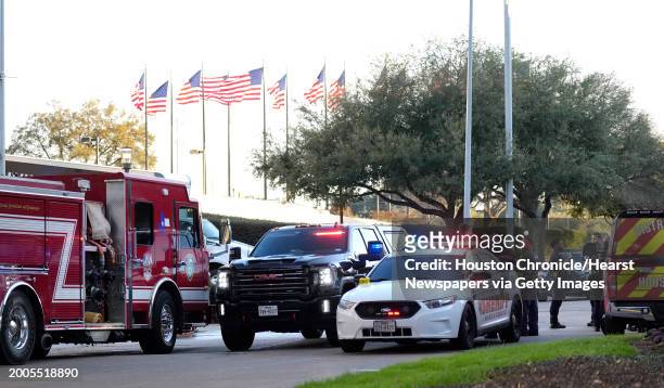 Houston Police and Harris County Sheriffs officers outside of Lakewood Church on Sunday, Feb. 11 in Houston, after a reported shooting during a...