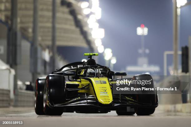 Kush Maini of India and Invicta Racing drives in the Pitlane during day two of Formula 2 Testing at Bahrain International Circuit on February 12,...