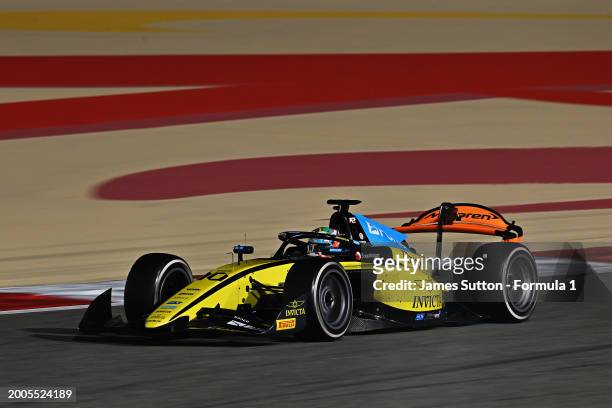 Gabriel Bortoleto of Brazil and Invicta Racing drives on track during day two of Formula 2 Testing at Bahrain International Circuit on February 12,...