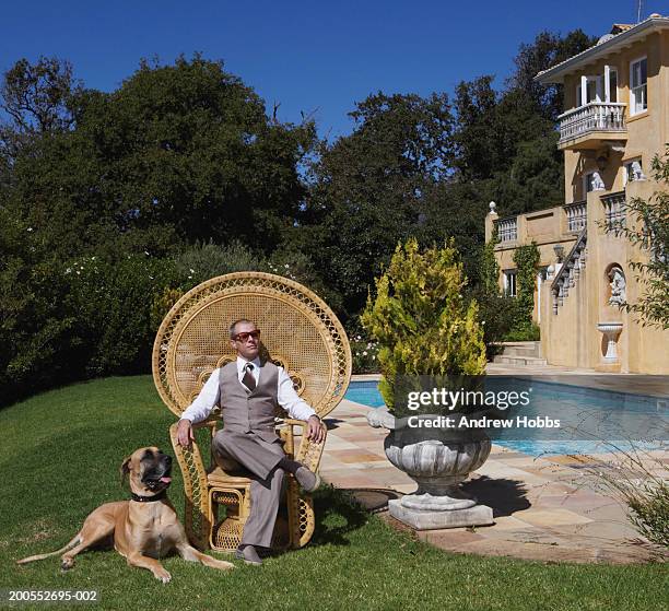 mature man sitting in armchair with dog at poolside - millionnaire stockfoto's en -beelden
