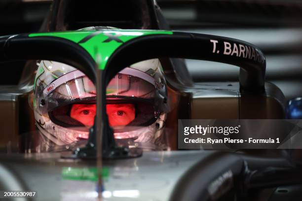 Taylor Barnard of Great Britain and PHM AIX Racing prepares to drive in the garage during day two of Formula 2 Testing at Bahrain International...