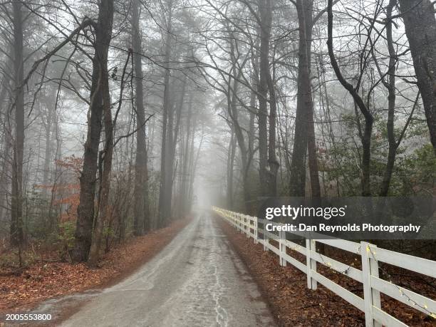 empty gravel road against white fence with lights at twilight - atlanta georgia country stock pictures, royalty-free photos & images