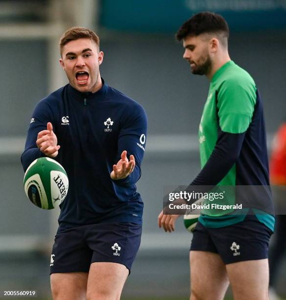 Dublin , Ireland - 15 February 2024; Jack Crowley, left, and Harry Byrne during an Ireland Rugby squad training session at the IRFU High Performance...