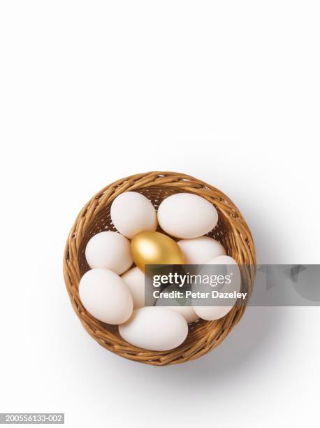 studio shot of golden egg amongst white eggs in basket, overhead view - golden egg stock pictures, royalty-free photos & images