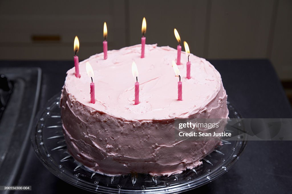 Pink birthday cake, elevated view