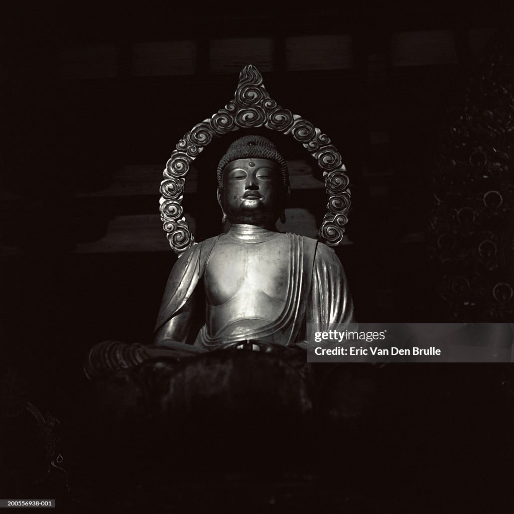 Silver Buddha statue on black background