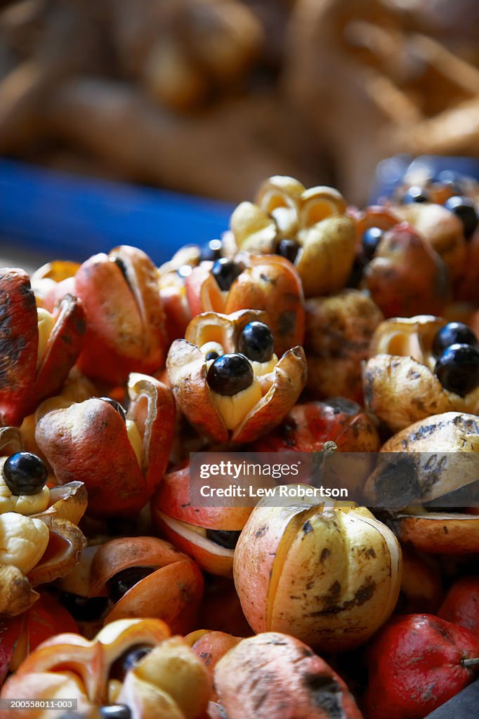 Ackee fruit at market stall, close-up