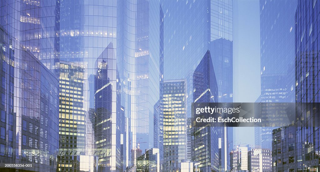Paris, France, panorama of multiple exposure of business district